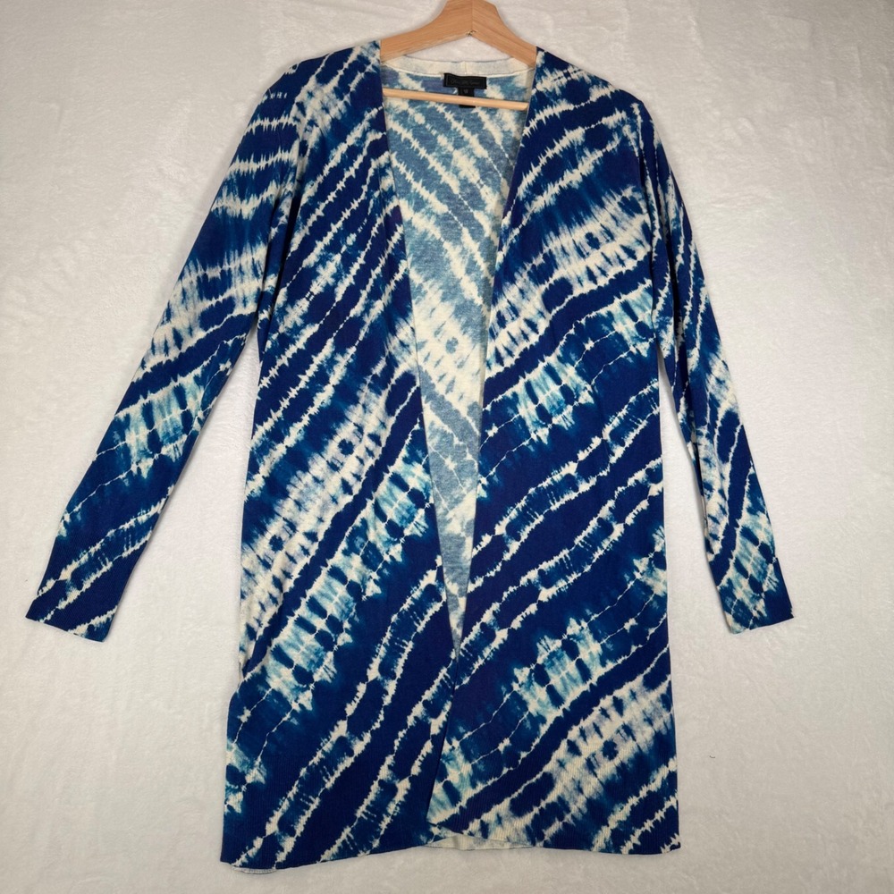 Saks Fifth Avenue Cardigan Womens XS Blue Tie Dye Silk Cashmere Longline Luxury - Picture 2 of 8